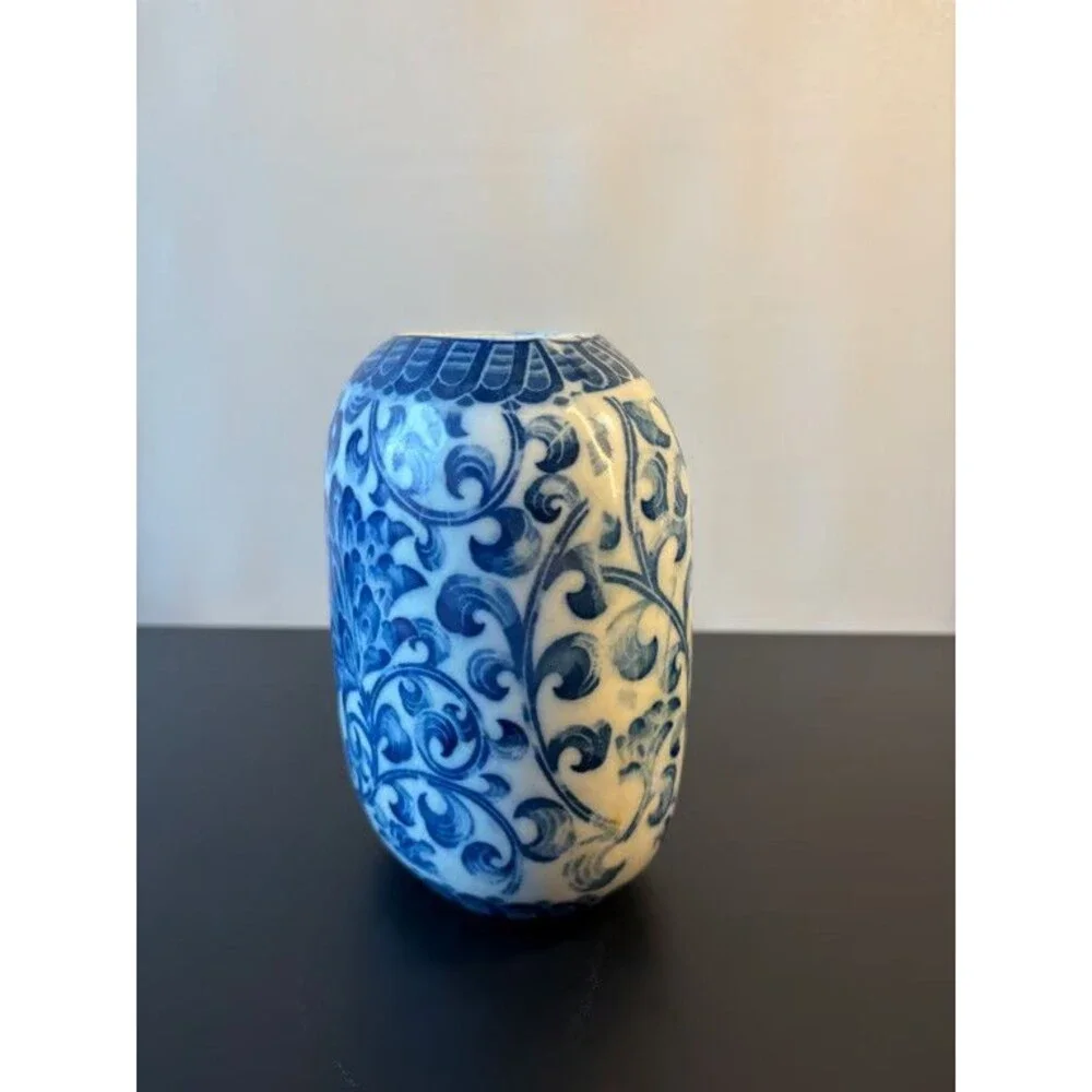 Andrea by Sadek Blue and White Vase Ovoid Scrolling Lotus Porcelain